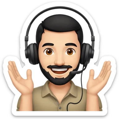 Very happy excited grinning man with black hair, brown eyes, black beard wearing a gaming headset sticker