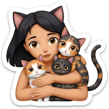 girl with black hair hugging three cats  (tortie cat, full gray cat, brown calico cat) sticker