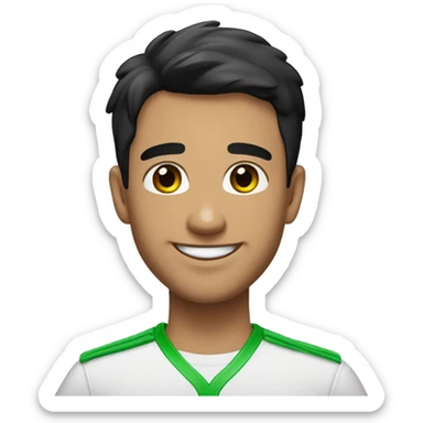 a young man with short dark hair and facial hair. black hair and brown eyes, looking at his left side. He is smiling and wearing a white shirt with a green lanyard or badge. There is a dark background behind him  sticker