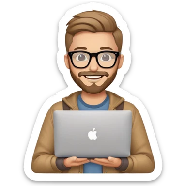 smiling hipster man with MacBook with glasses sticker