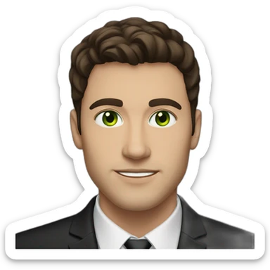 A 25-year-old man with green eyes In a black classic suit and dark brown hair, Oval, triangular face shape sticker