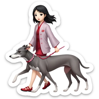 Japanese girl with flowing hair walking a solid grey greyhound with cherry blossoms in the background sticker