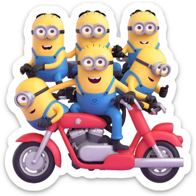 three minions stacked on a motorcycle, looking mischievous sticker