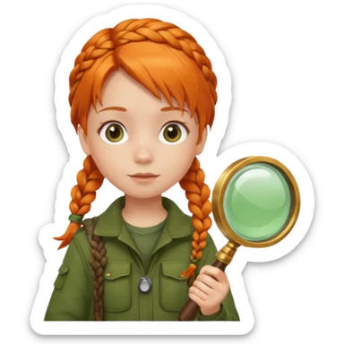 braid orange haired girl kid in moss green explorer outfit, holding magnifying glass sticker