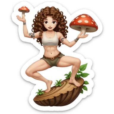 full body woman long curly brown hair brown eyes white skin tattoos muscular build barefoot spiral dance on mushroom caps sticker