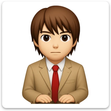 Create an image of Light Yagami from Death Note in the style of apple emojis. He has brown hair and is wearing a school uniform. He is sitting with his hands on his lap and has a neutral expression. sticker