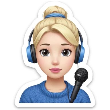 a cute face girl have bright white skin and natural pink lips with blue knitwear with a blonde one hair
bun and her job is a podcaster
(recording microphone in front of her
not held and a headphone in her head) sticker