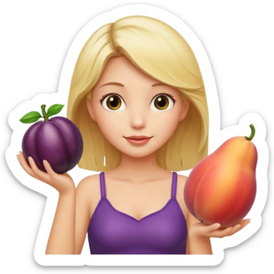 Blonde girl, holding up thicc peach in one hand, long eggplant in the other sticker