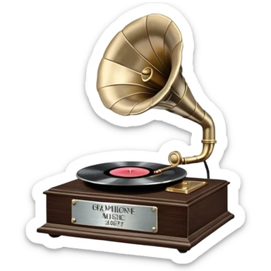 A platinum music award plaque: a square, polished platinum plate with a subtly textured, mirror-like finish, mounted on a simple dark wood base. The center features a relief of a vintage gramophone or stylized vinyl record in a slightly darker metallic tone.  sticker