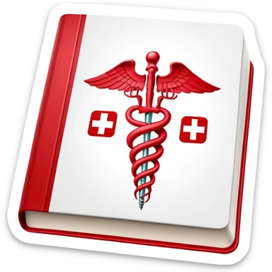 Medical textbook with red cover, caduceus symbol, open to a page showing anatomy sticker
