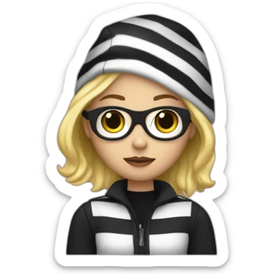 bank robber blonde woman with black beanie hat eye mask and striped shirt sticker