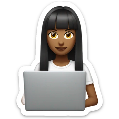 a girl with long dark straight hair and bangs working with a laptop (she is a marketer). wearing a white oversized t-shirt sticker