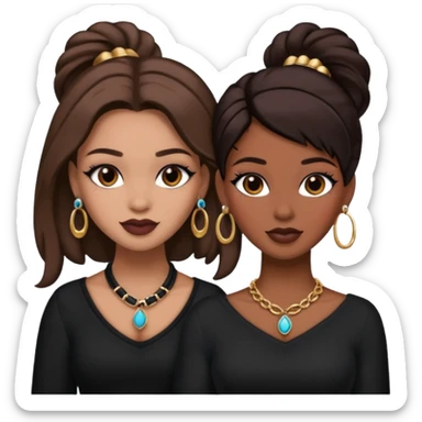 Boujy baddie best friends, trendy heavy makeup both dark hair one light skinned and one mocha brown pretty hair style both wearing black and earrings and necklace one mocha brown skin sticker