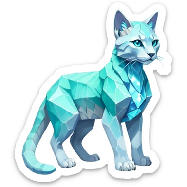 This fascinating hybrid creature combines the rocky ferocity of Boulderbite with the mystical elegance of Etherfeline. The result is a creature with a core body composed of angular, faceted stones in varying shades of turquoise and gray. From the cracks between these stones emanates a soft blue ethereal glow. It has the general shape of a feline, but with crystalline rock formations creating its limbs and body. Its large, expressive eyes feature purple irises with amber outer rings, giving it a hypnotic gaze. The creature sports pointed ears lined with purple crystal formations, and a tuft of blue flame-like energy flows from its head and along its spine. Its tail is a flexible chain of smaller rocks wrapped in the same ethereal blue energy. When it opens its mouth, sharp crystalline teeth are revealed, though its expression is more mysterious than threatening. Small whisker-like energy tendrils extend from its muzzle, occasionally emitting tiny ice crystals. full body sticker