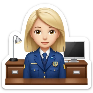 Reception Young girl, straight hair, wearing uniform jacket with hotel name badge, tasteful scarf, stand behind the desk

 sticker