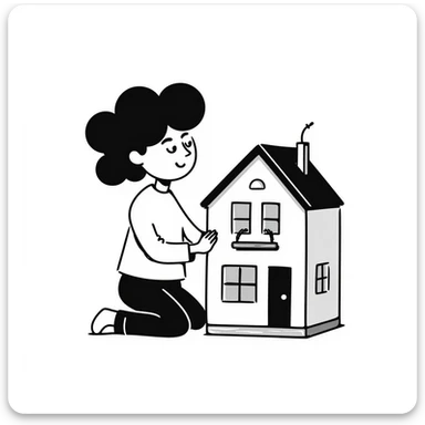 smiling girl arranging furniture in doll house sticker