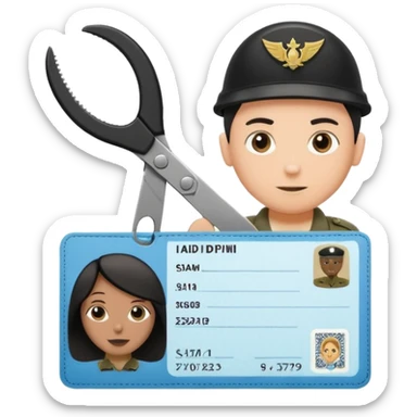 Floating black Scissors cutting in half an idf soldier ID card with a little chip in 2 parts sticker