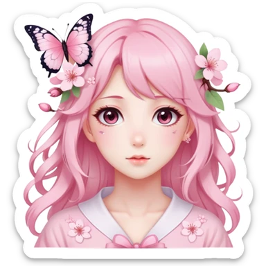A Gorgeous Beautiful Anime Lady Sakura Cherry Blossom and Pretty Hair, pastelcore aesthetic, pastel pink and white, butterfly, Fairycore sticker