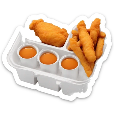 3 chicken tenders with crinkle fries and orange sauce on the side in a styrofoam container styrofoam container sticker
