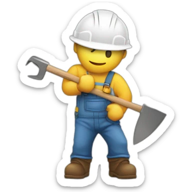 A builder with his cap on and a tool in front of him, near his face sticker