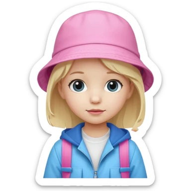 A little girl student white skin, blonde hair, with pink bucket hat, white jacket, blue backpack sticker