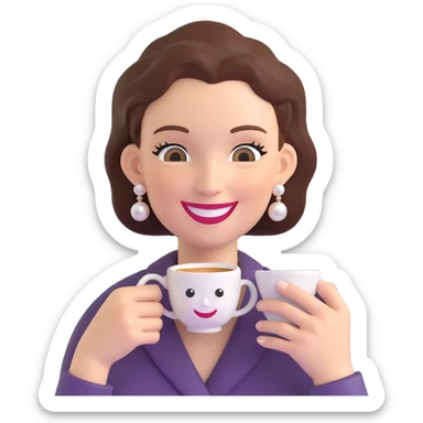 espresso cup with a lady's face, pearl earrings, smiling, holding a tiny purse sticker