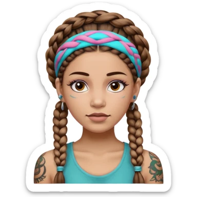 big lose braids starting from the top of the head woman face wiith big visible braids and mono color headband on head  face and braids as big as headband and lots and lots of face tattoos colored tattoos like a tattoo artist hair different color sticker