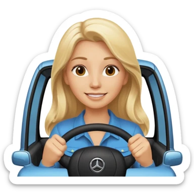blonde long hair woman driving car. Happy face confidence sticker
