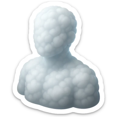 faceless person, facing straight, composed entirely of white fluffy convex clouds, shoulders up, no shadows, matte glass style sticker
