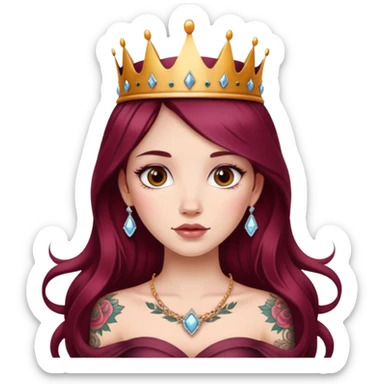 Beautiful tattooed long burgundy haired girl wearing a princess crown sticker