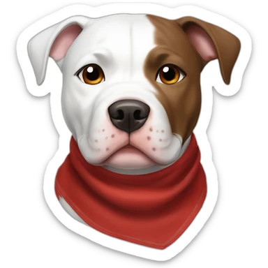 White pitbull dog with brown ears and brown spot on right eye and red bandana sticker