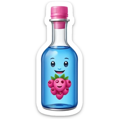Smiling bottle of oil blue top pink outside with logo that says berry oil sticker