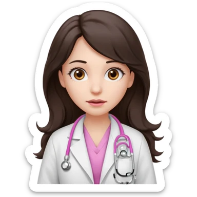 Barbie like emoji of a woman with white skin long wavy dark brown hair, brown eyes wearing a white lab coat and pink stethoscope and with a scared look sticker