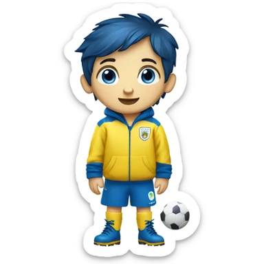 cute little boy with dark blue hair, yellow raincoat, blue muddy boots, blue eyes, white skin, umbrella, playing football, fifa world cup mascot sticker