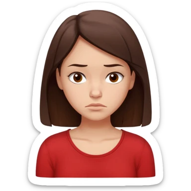 "Cartoon emoji of a young brunette woman with fair-medium skin, brown eyes, wearing a simple red top. Portrait mode, slouched, looking down, overthinking and insecure. Small frown, worried eyes. Smooth, friendly, stylized, Mary Jane–like appearance." sticker