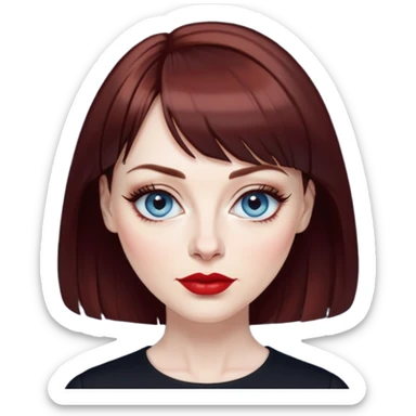 Woman in her late 40s with pale skin, wider face, blue eyes with eyeliner, thin eyebrows, small nose, red lipstick, dark auburn hair with bangs, wearing a black top sticker