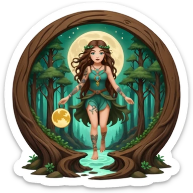 forest mystic woman long wavy brown hair tattoos stepping through small moon portal sticker