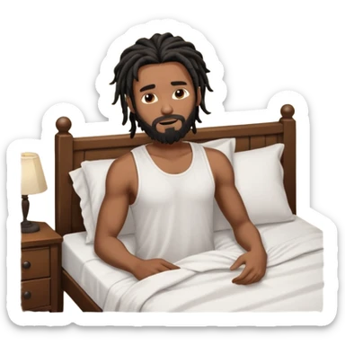African American man with shoulder length black dreadlocks with black beard wearing a men's white tank top shirt waking up in the bed sticker