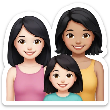 A girl with white skin color who is a chubby fat, has a great smile, straight but a little wavy shoulder length black hair and another slim and skinny girl with dark brown skin, cute smile, wavy shoulder length black hair and another girl little fair brown and white skin colour mix girl, shoulder length straight black hair, slim but a little chubby, gummy smile and glasses. sticker