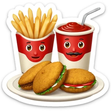 falafel and fries, with two containers with  red sauce and white sauce  sticker