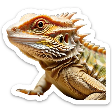Cinematic Noble Bearded Dragon Portrait Emoji, Poised and regal, with a robust, angular build and a textured, scaled hide in earthy olive and sandy tones, a prominent spiky 'beard' beneath its chin and a keen, alert gaze, Simplified yet sharp and sophisticated features, highly detailed, glowing with a soft, dignified glow, high shine, intelligent and fierce, stylized with an air of desert majesty, focused and attentive, soft glowing outline, capturing the essence of a watchful and commanding reptile, so majestic it feels as though it could scuttle out of the screen with effortless authority! sticker