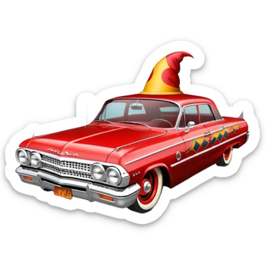 Satan’s streamlined Hot rod custom 1964 impala low rider four door clown painted hood  side-mounted under-door chrome exhaust pipes driving straight to hell  sticker