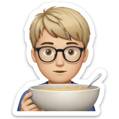 White guy in early 20s wearing glasses with a messy bowl cut sticker