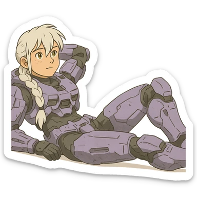 female, wearing reach spartan armor shoulder-unequip, long white braid hair with massive messy front side single bangs, gold yellow eyes, attention pose, HALO:series, no helmet, the armor is lavender color scheme, laying back and relaxing flat on the ground sticker