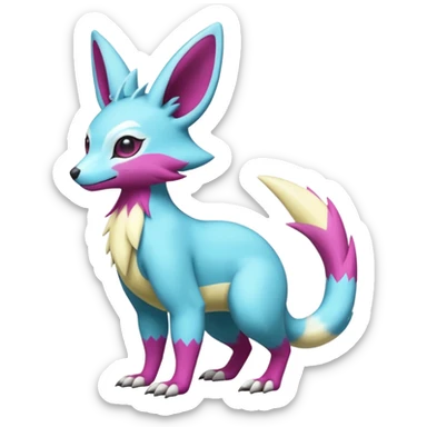 Shiny smooth silky soft Cyan-Yellowish-Magenta Minccino-Zeraora-Emolga-Vernid-Sergal-fusion-hybrid-animal-creature, full body sticker