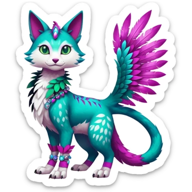 Kawaii cute colorful iridescent deep-dark-turquoise-green and magenta and white beautiful pretty elegant divine edgy feline-vernid-sergal-Fakémon-Pokémon-fursona-animal-creature with accessories, full body, with intricate detailed markings, feathers sticker