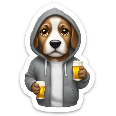 Dog standing wearing a grey hoodie with his hands in his pockets holding a beer sticker