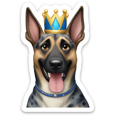 A smiling malinois dark blue merle color, without red and white color with a crown on his head sticker