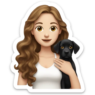 White girl with wavy brown hair holding a black Labrador sticker
