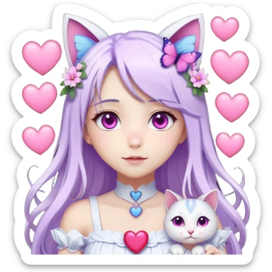female anime character with pink eyes long white hair periwinkle highlights and cat ears on her head. She is wearing a white dress with purple flowers and butterfly. holding a heart sticker